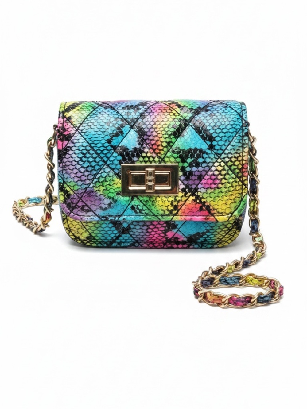 Multicolor Snake-Print Crossbody Bag with Gold Turn-Lock
